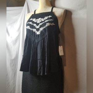 Japna Black & White Embroidered Floral Tiered Sleeveless Babydoll Boho Blouse